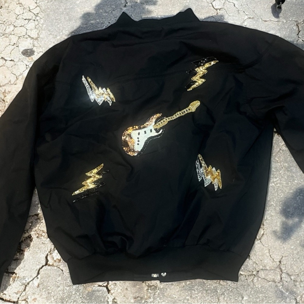 Vintage rock & roll sequin bomber jacket guitar piano lightning patchwork sz Med